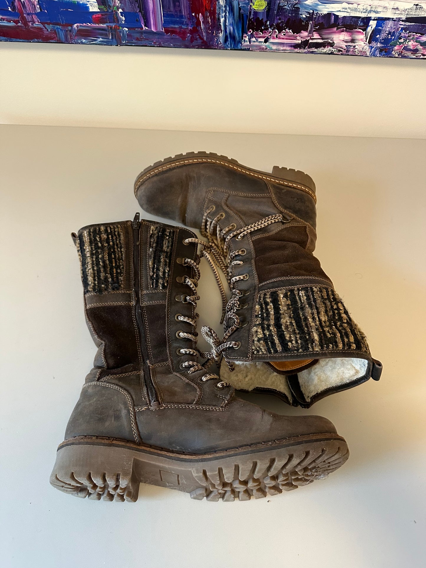 Bos & Co Brown Leather Knit Trim Lug Sole Winter Boots | Size 38 / 7.5