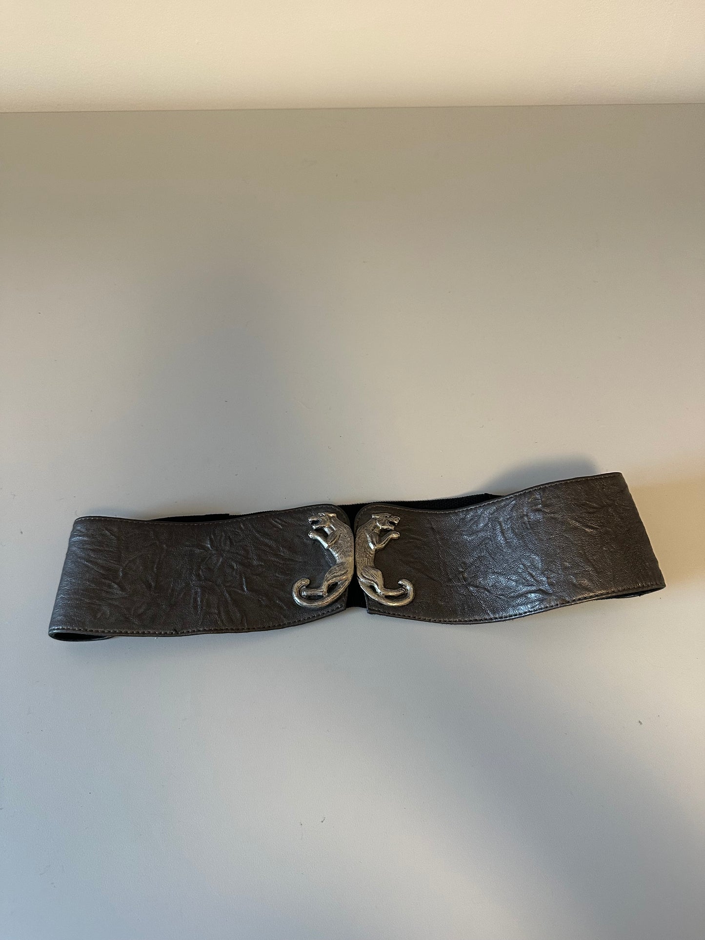Raina Silver Panther Buckle Wide Leather and Elastic Belt