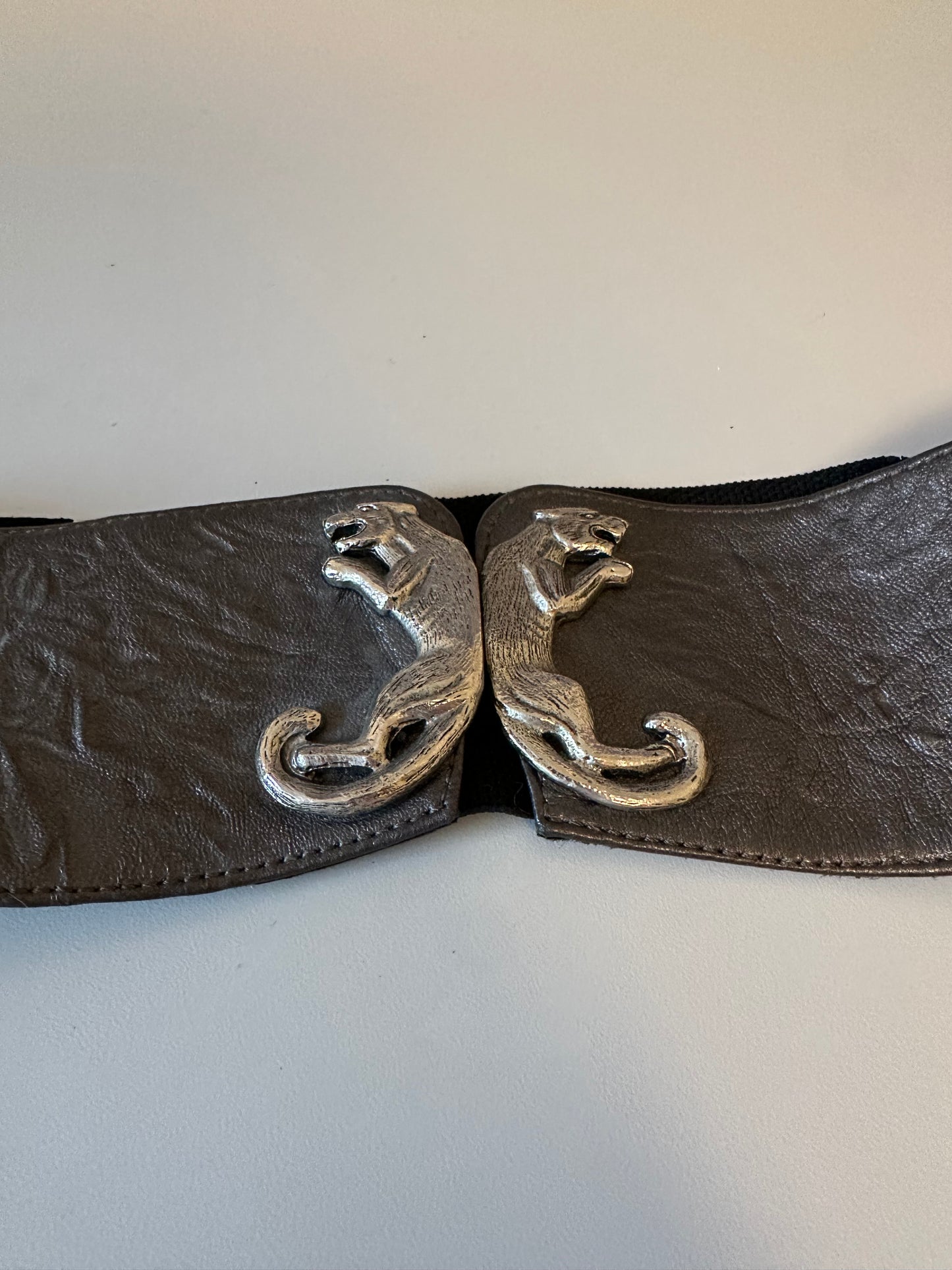 Raina Silver Panther Buckle Wide Leather and Elastic Belt
