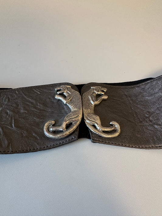 Raina Silver Panther Buckle Wide Leather and Elastic Belt