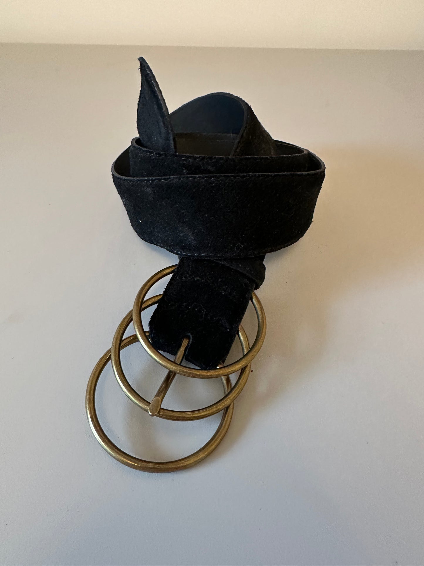 Black Suede Wide Triple Brass Ring Buckle Belt