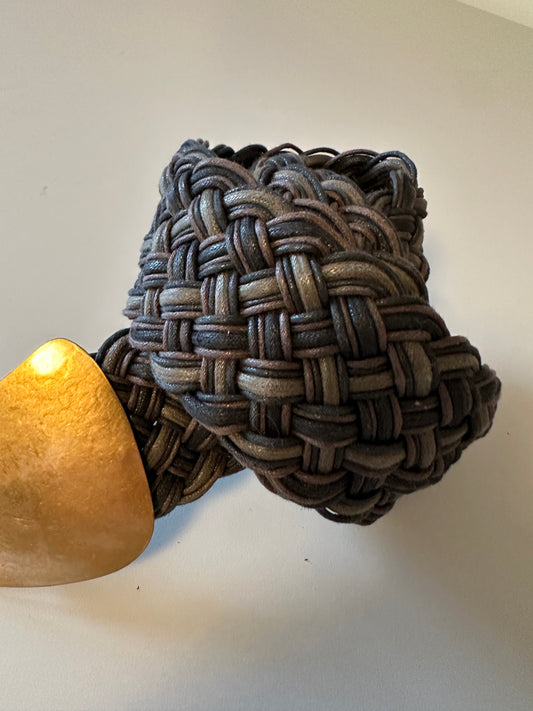 Woven Braided Wide Leather Belt with Gold Tone Sculptural Buckle