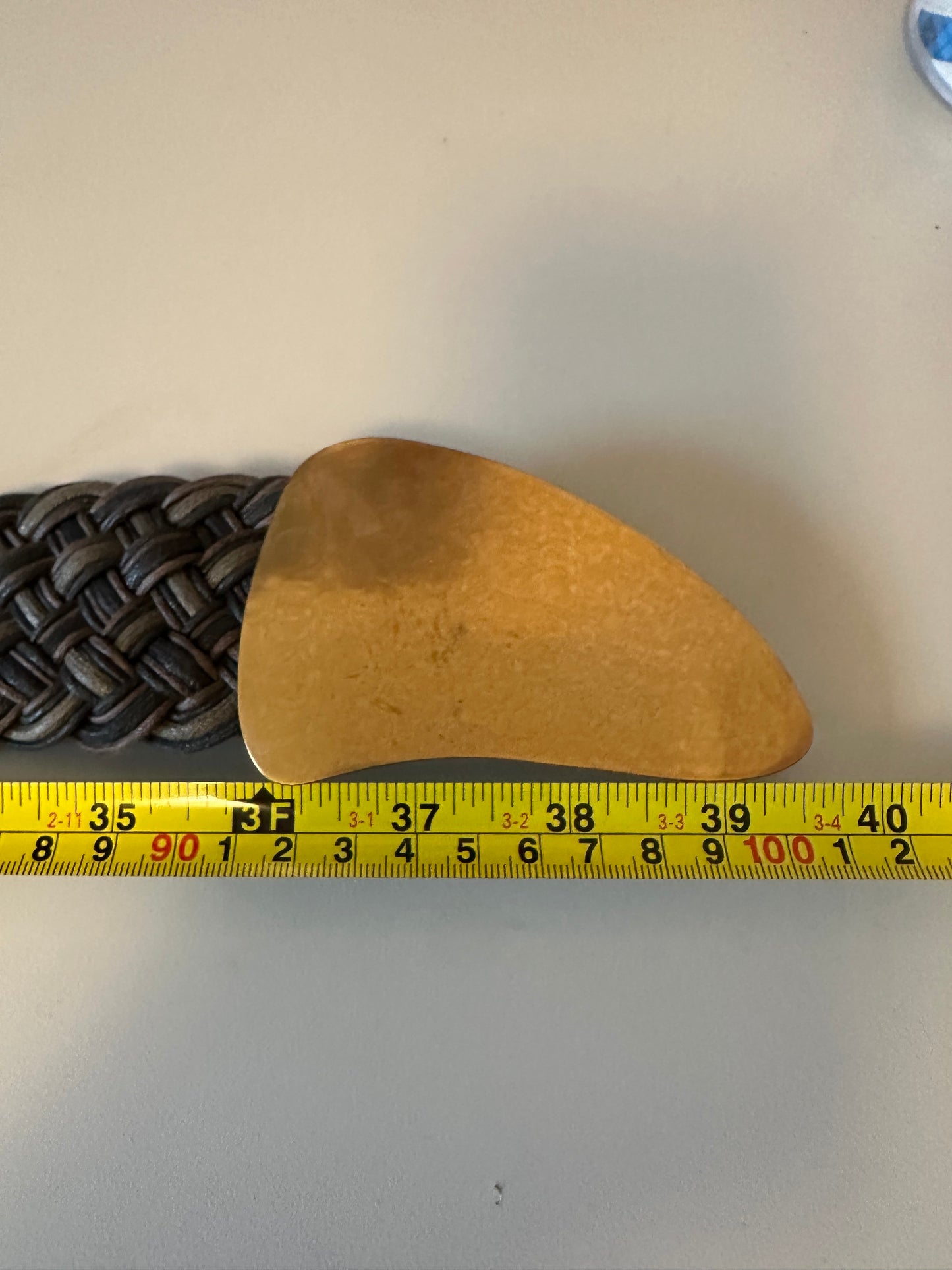 Woven Braided Wide Leather Belt with Gold Tone Sculptural Buckle