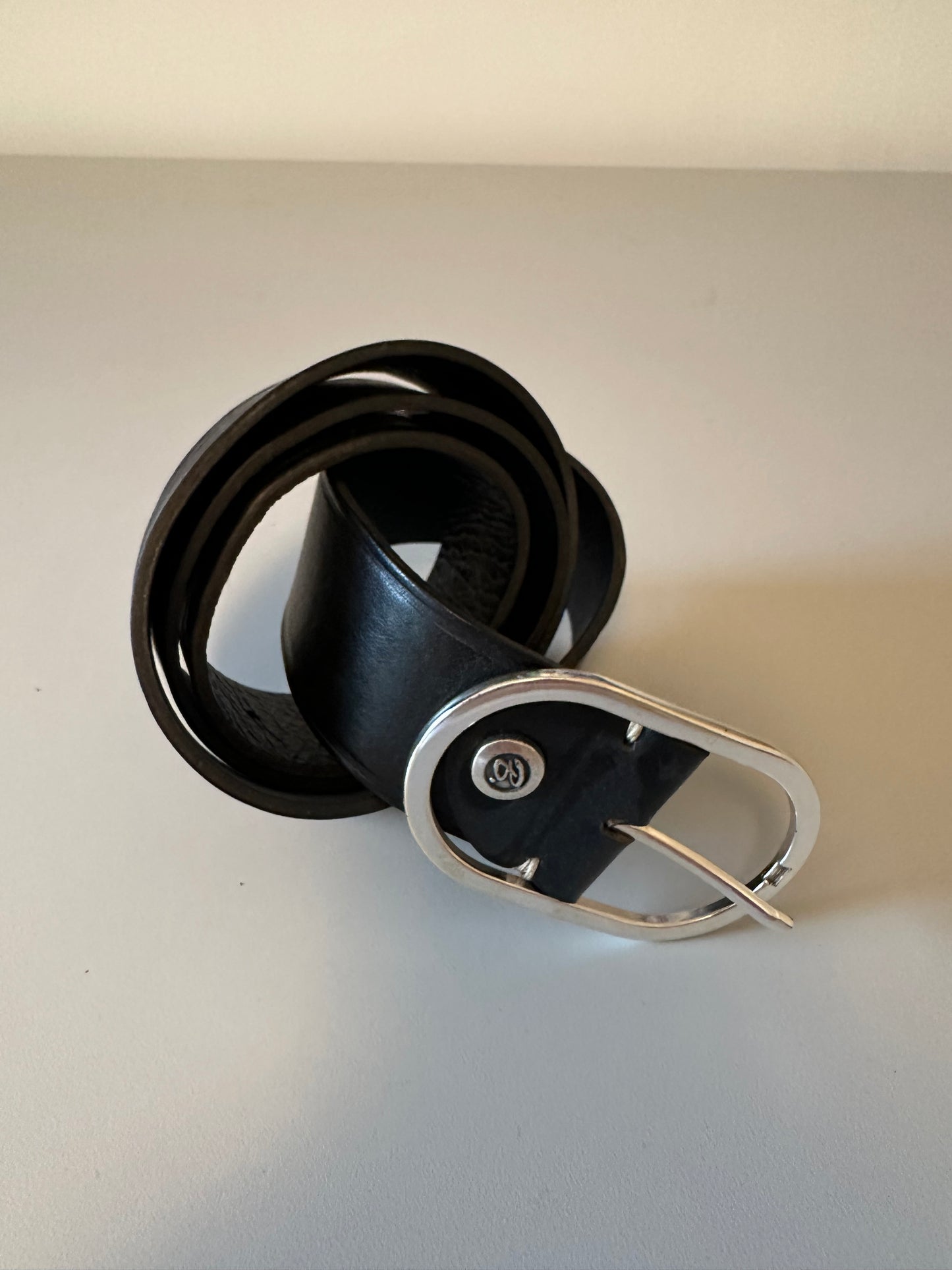Black Leather Belt with Silver Oval Buckle
