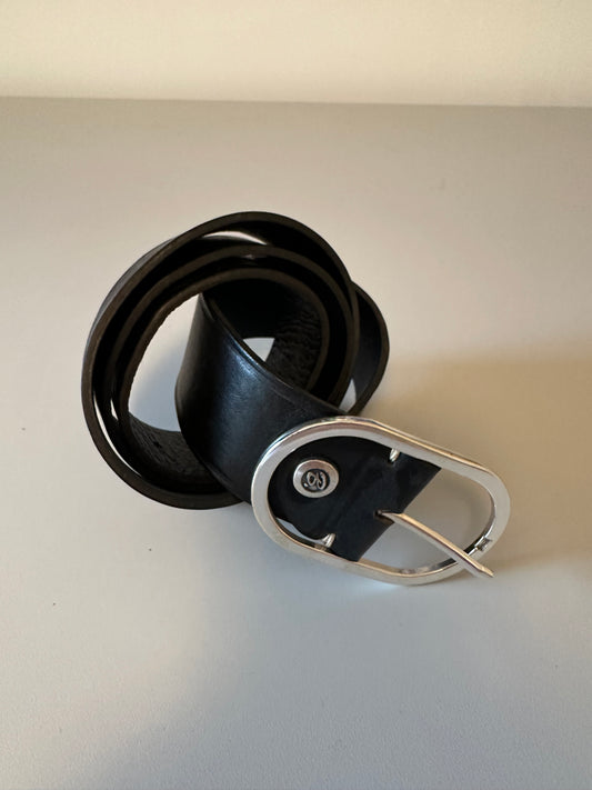 Black Leather Belt with Silver Oval Buckle