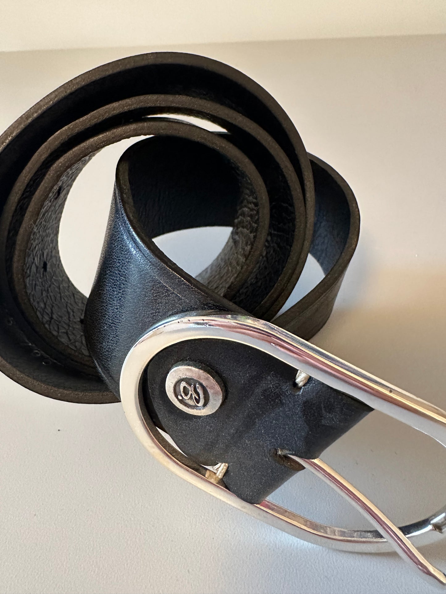 Black Leather Belt with Silver Oval Buckle