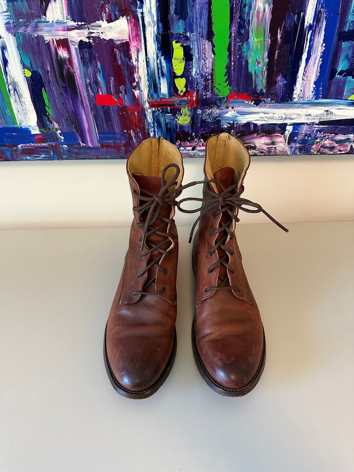 Frye Veronica Lace Up Zip Back Combat Boots in Cognac Brown Leather | Size 9