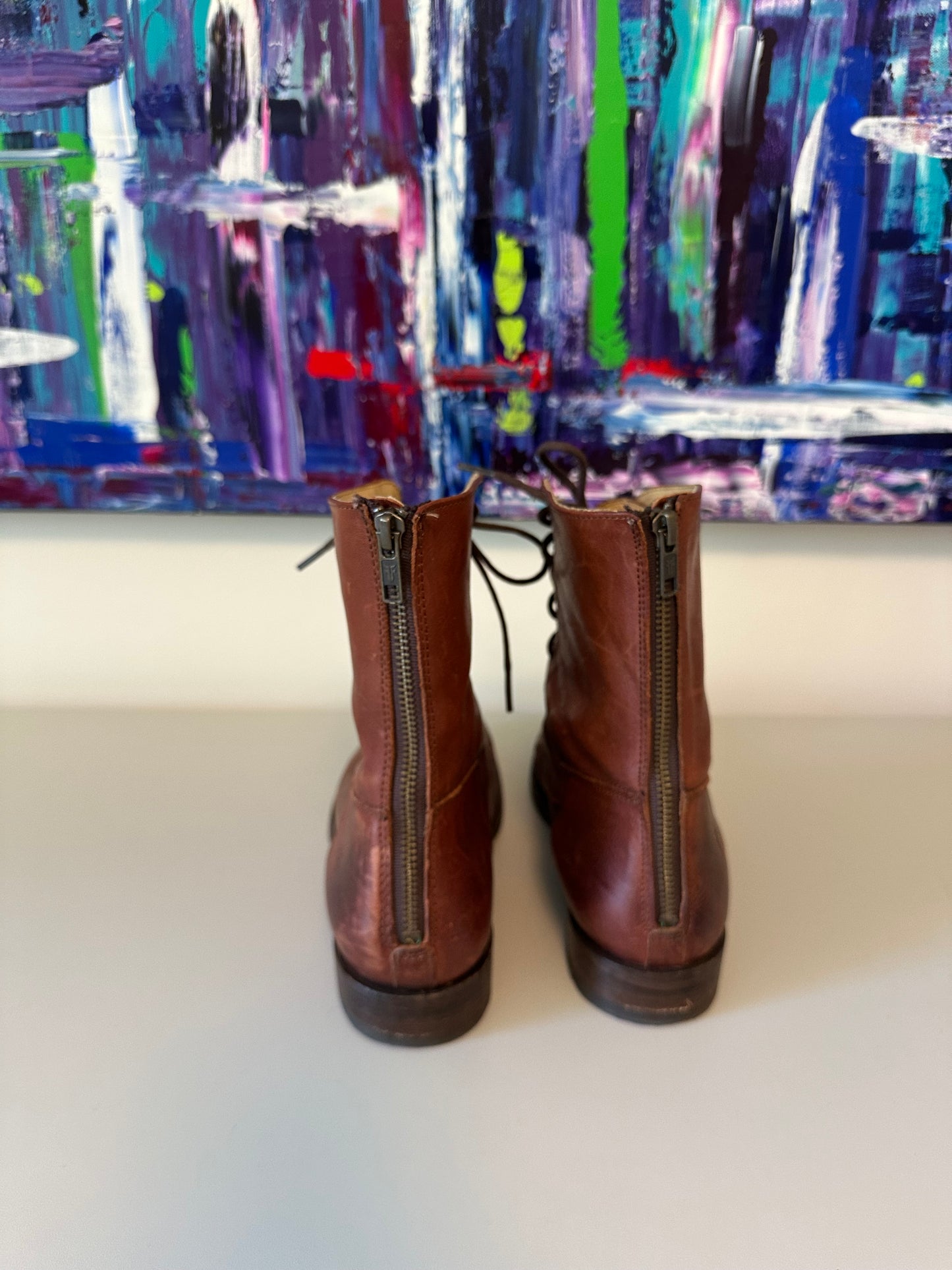 Frye Veronica Lace Up Zip Back Combat Boots in Cognac Brown Leather | Size 9