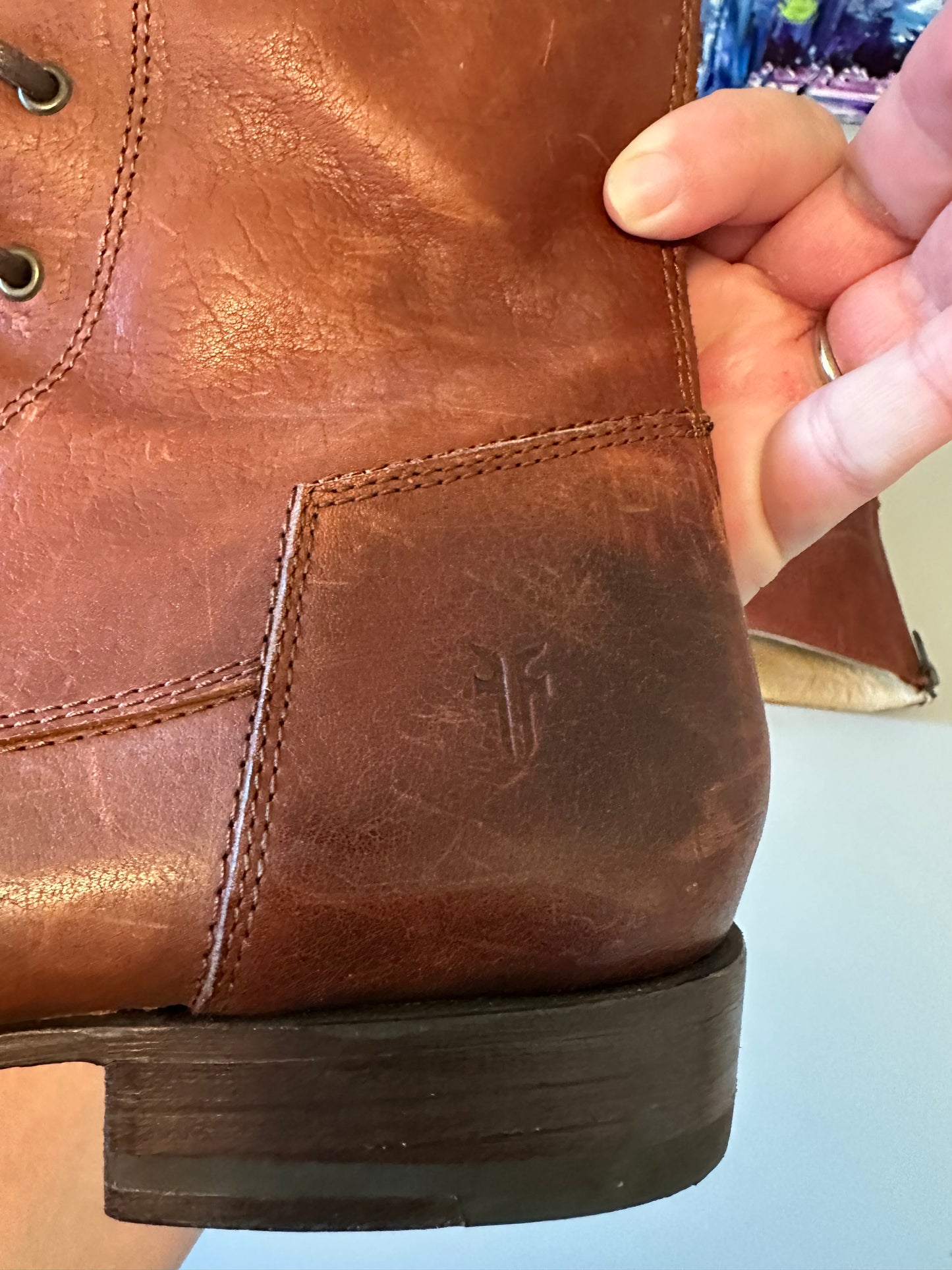 Frye Veronica Lace Up Zip Back Combat Boots in Cognac Brown Leather | Size 9