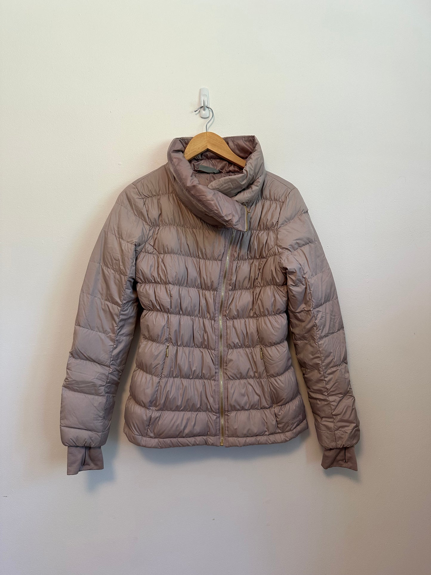 Athleta Mauve Asymmetrical Zip Funnel Neck Puffer Jacket | Size Medium