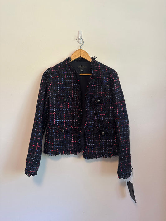 NWT Halogen Samantha Tweed Navy Plaid Frayed Fringe Jacket | Size Small