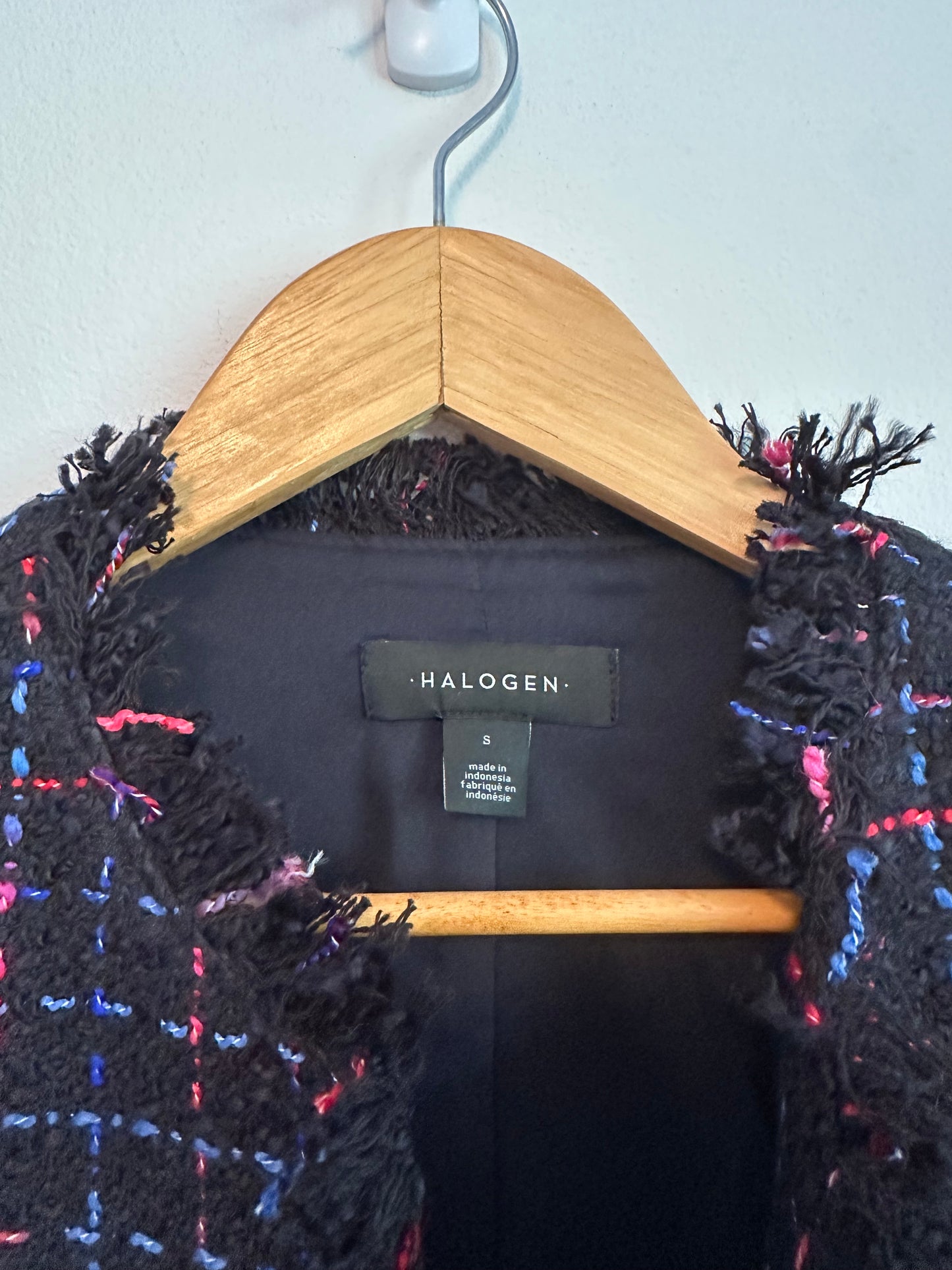 NWT Halogen Samantha Tweed Navy Plaid Frayed Fringe Jacket | Size Small