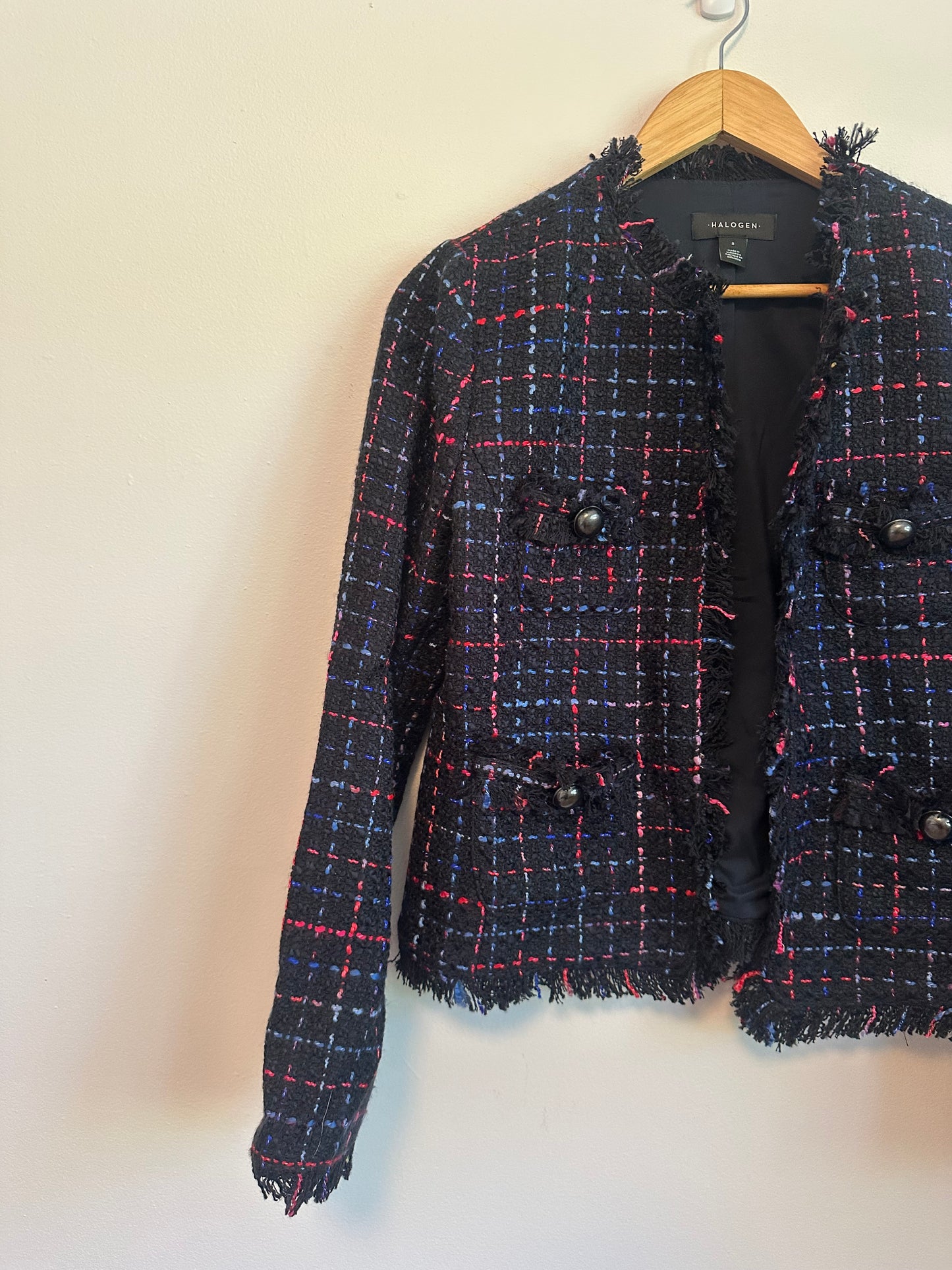 NWT Halogen Samantha Tweed Navy Plaid Frayed Fringe Jacket | Size Small