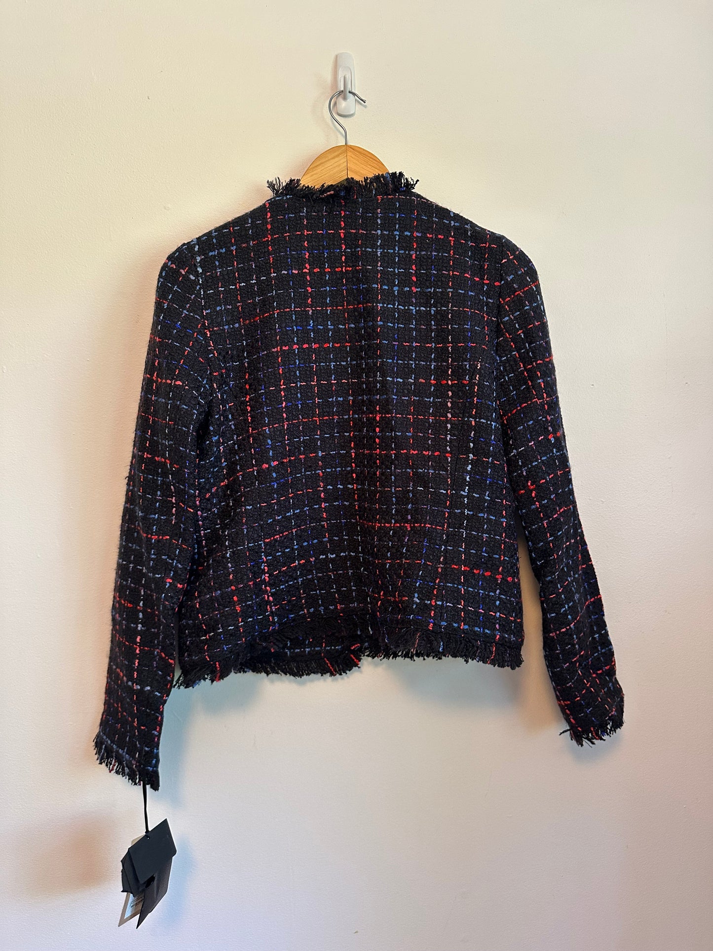 NWT Halogen Samantha Tweed Navy Plaid Frayed Fringe Jacket | Size Small