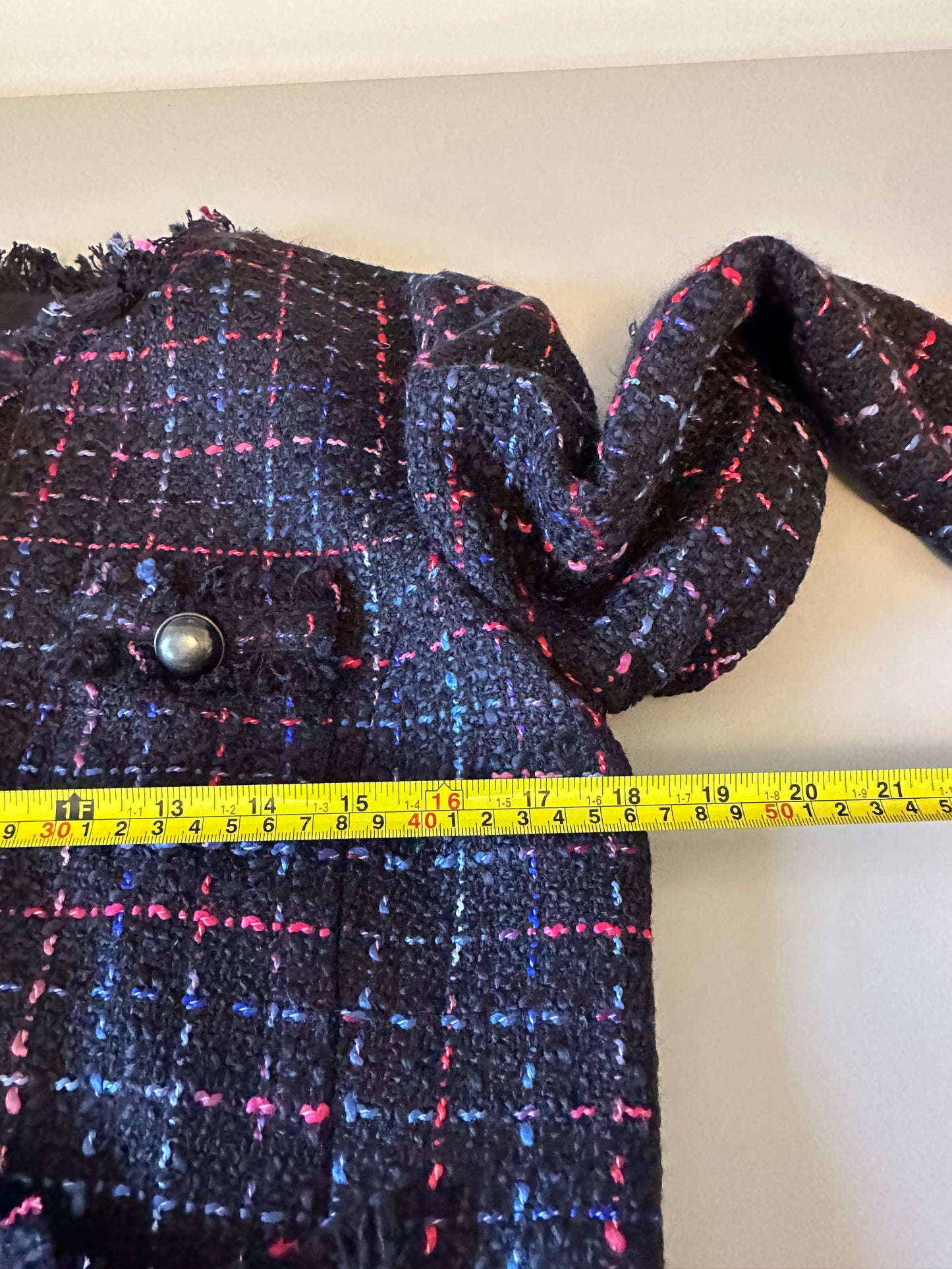 NWT Halogen Samantha Tweed Navy Plaid Frayed Fringe Jacket | Size Small