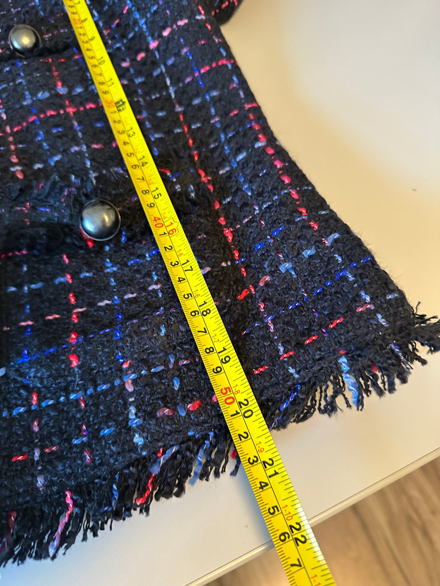 NWT Halogen Samantha Tweed Navy Plaid Frayed Fringe Jacket | Size Small
