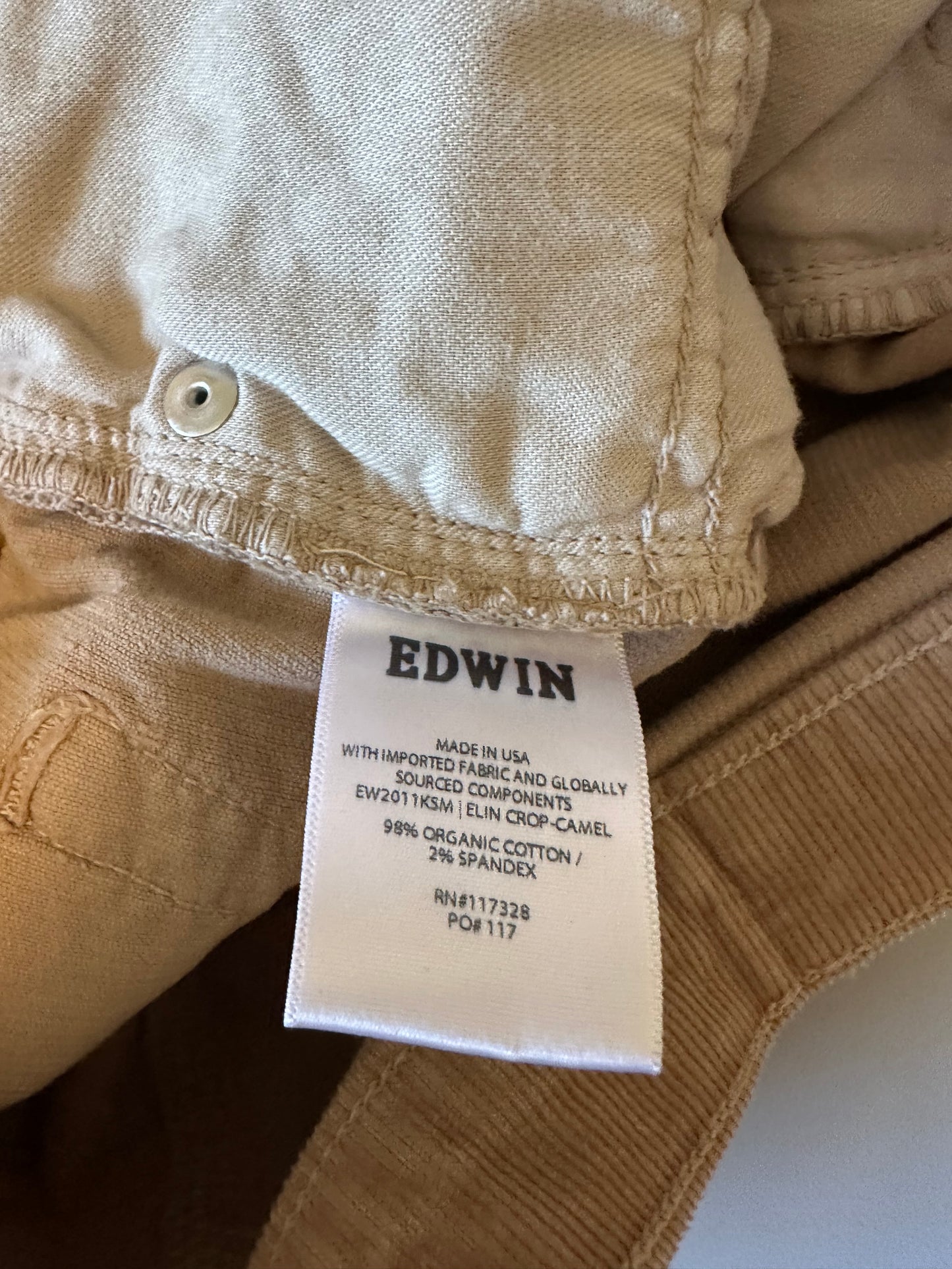 Edwin Elin Crop Straight Corduroy Pants in Camel Brown | Size 27