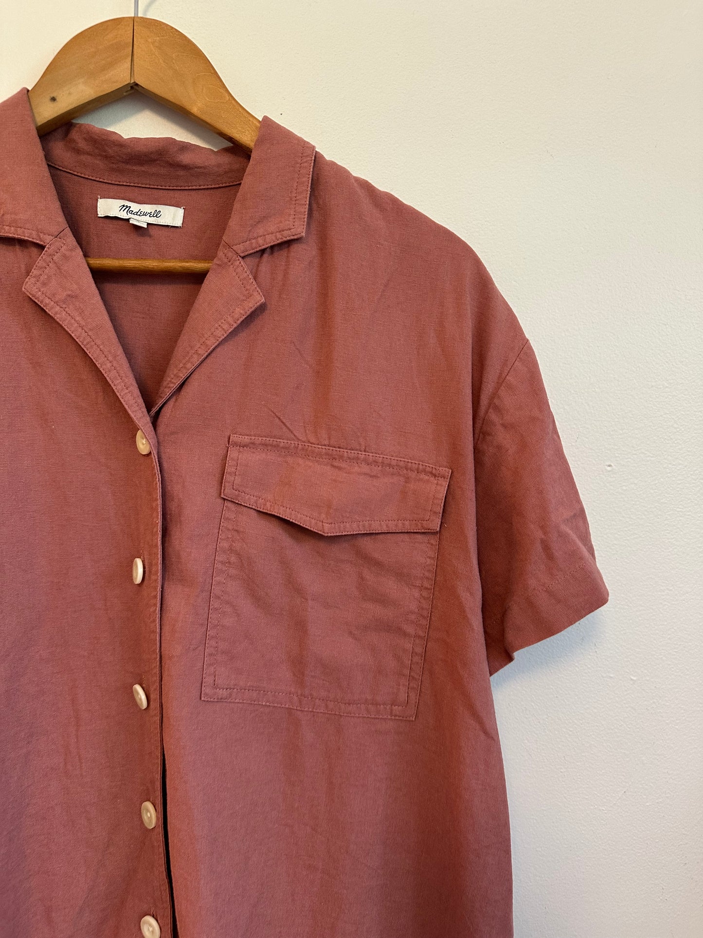 Madewell Short Sleeve Linen Blend Camp Shirt in Terracotta Rose | Size Small