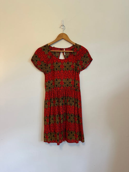 Free People Red and Gold Print Open Back Mini Dress | Size Small