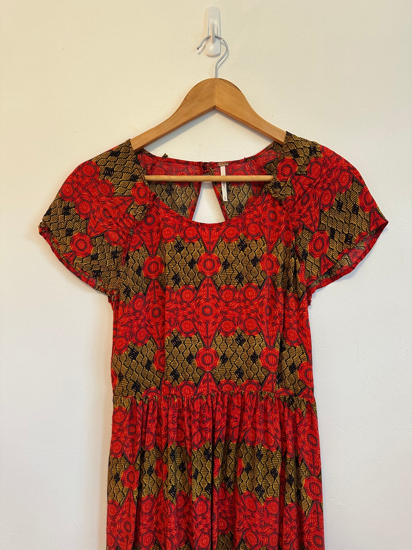 Free People Red and Gold Print Open Back Mini Dress | Size Small
