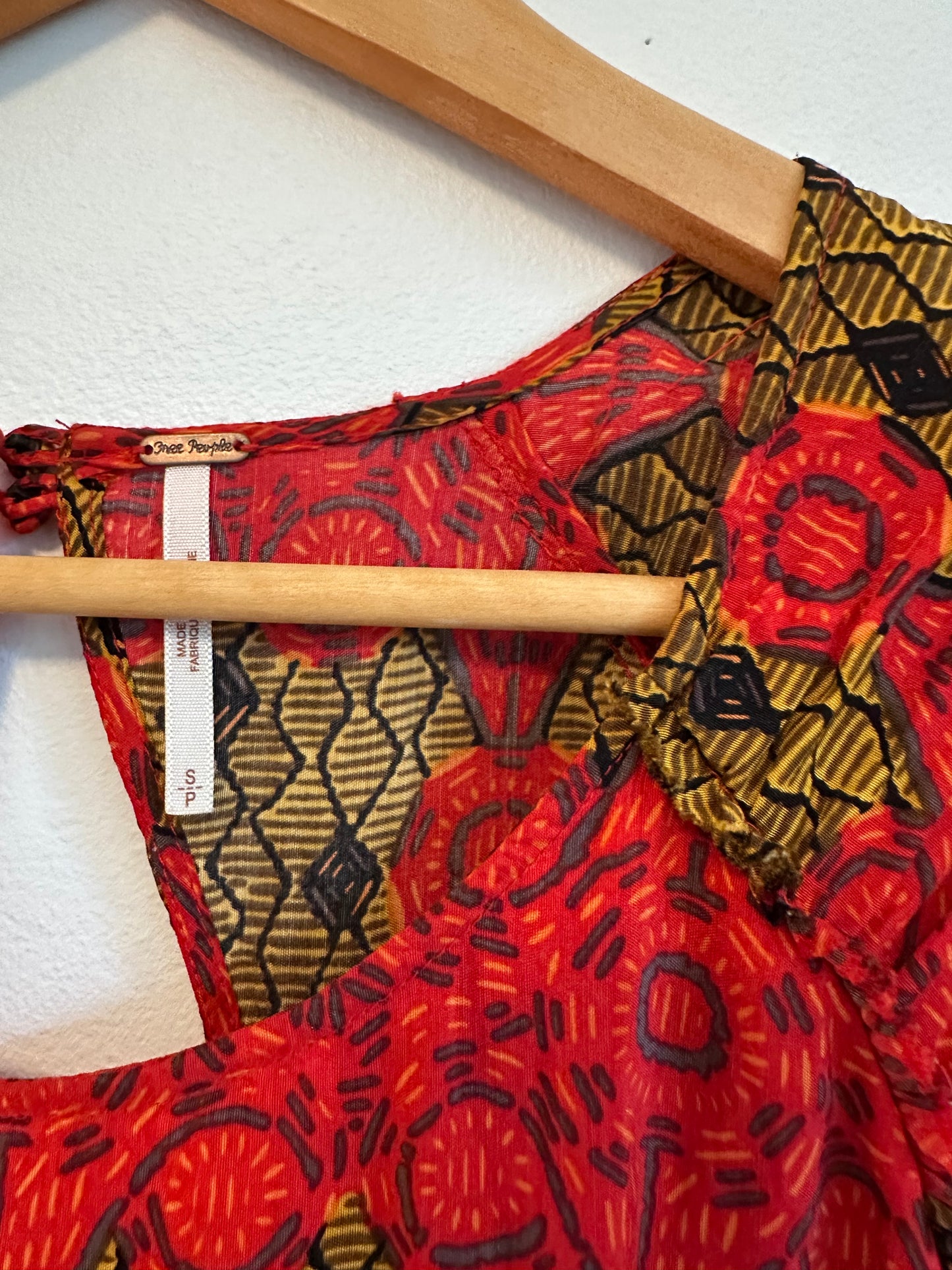 Free People Red and Gold Print Open Back Mini Dress | Size Small