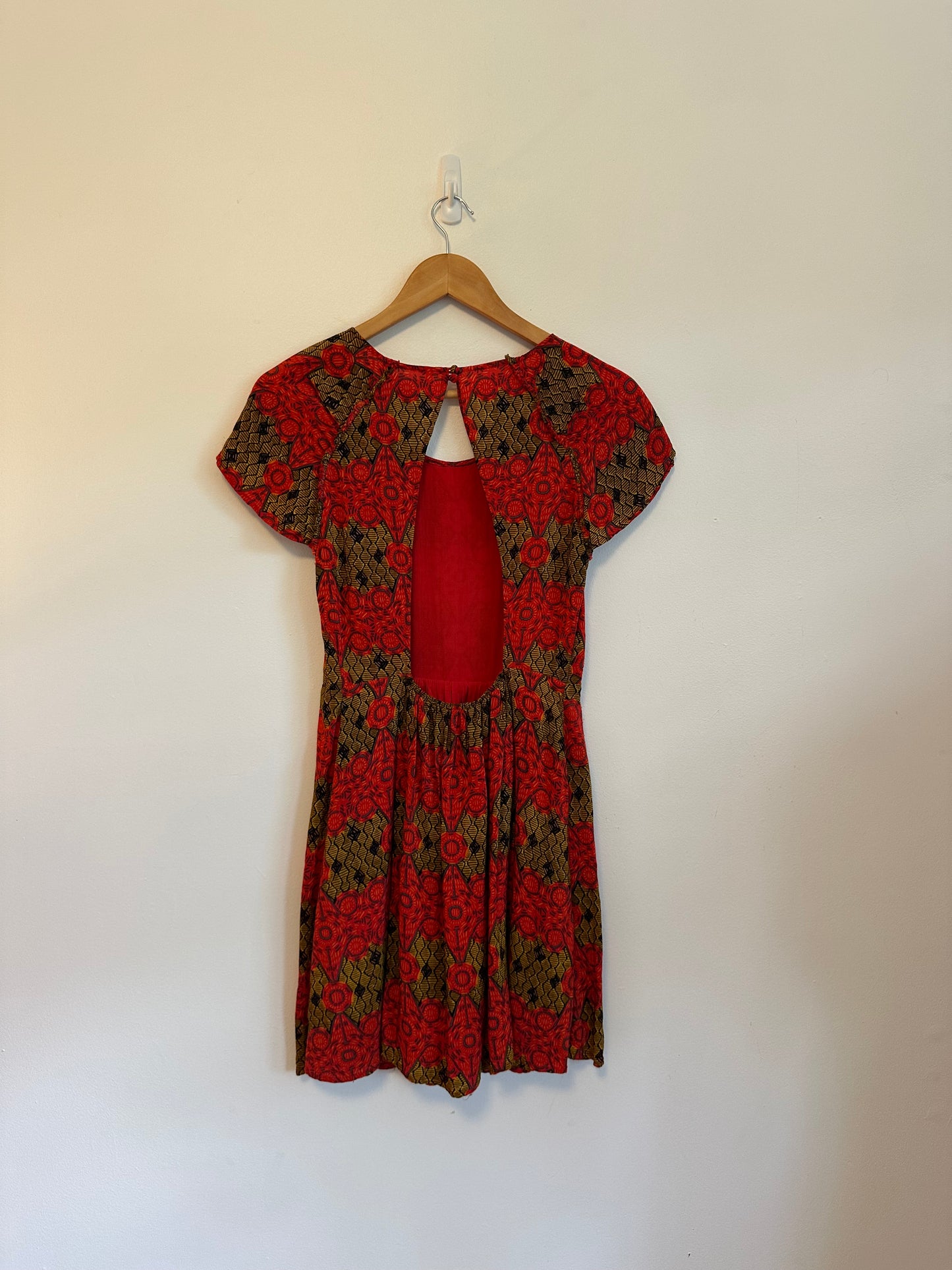 Free People Red and Gold Print Open Back Mini Dress | Size Small
