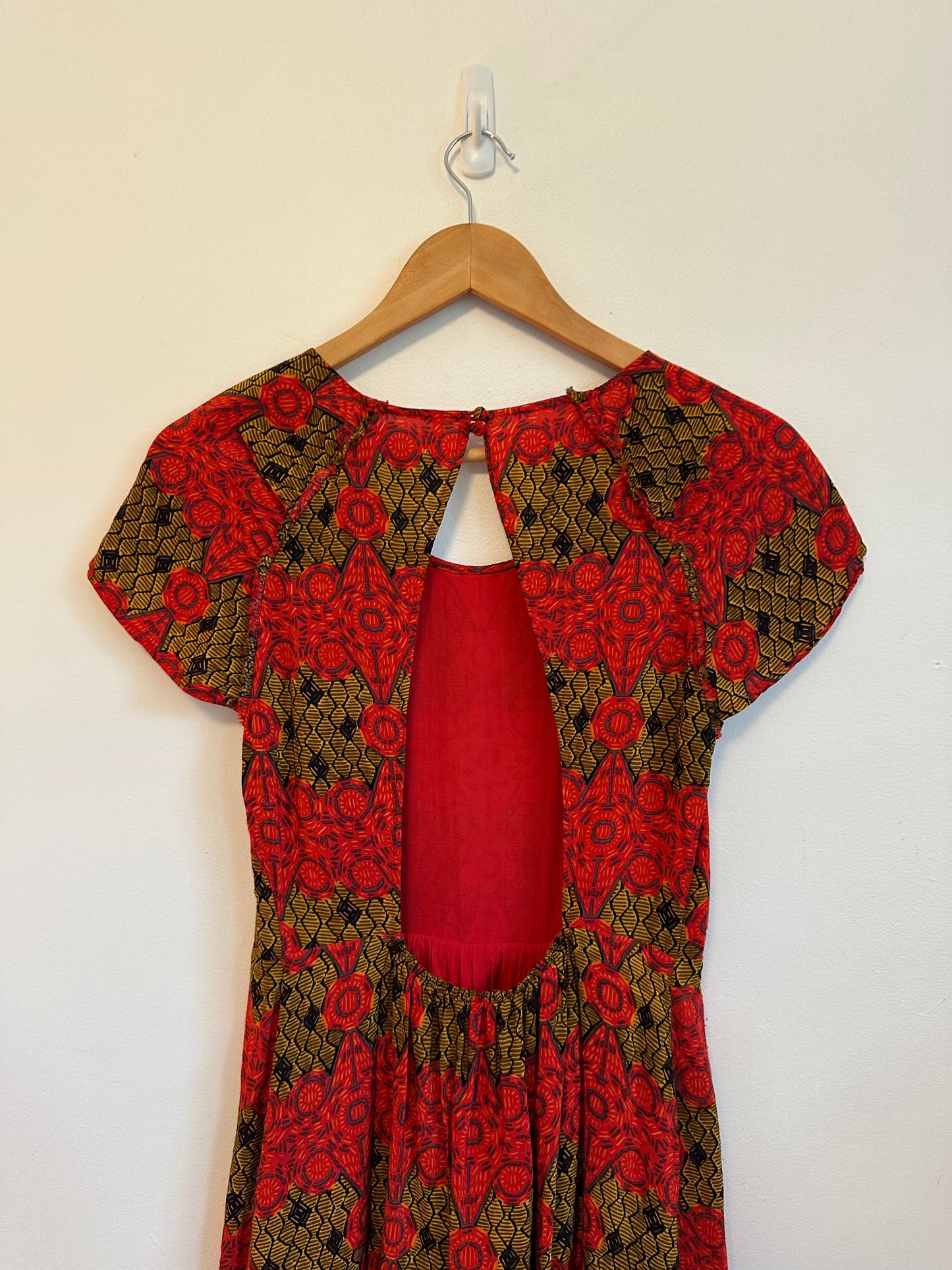 Free People Red and Gold Print Open Back Mini Dress | Size Small