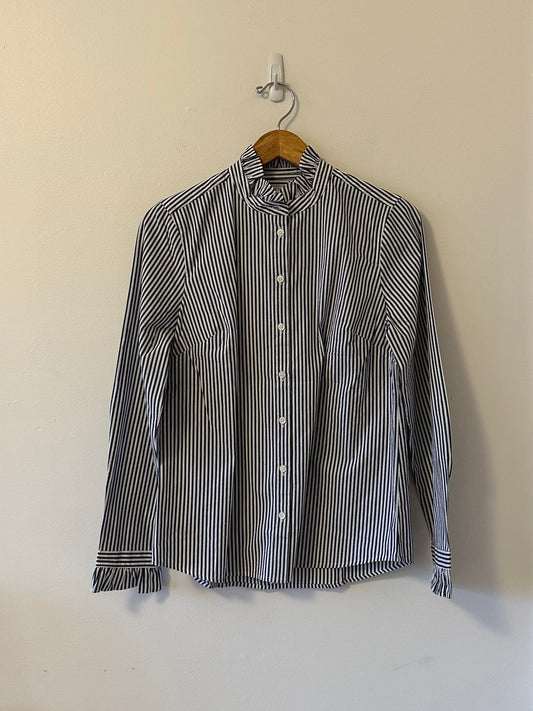 J. Crew NWT Ruffle Neck Button Down Blue and White Stripe Shirt | Size Medium