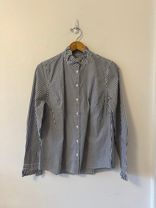 J. Crew NWT Ruffle Neck Button Down Blue and White Stripe Shirt | Size Medium