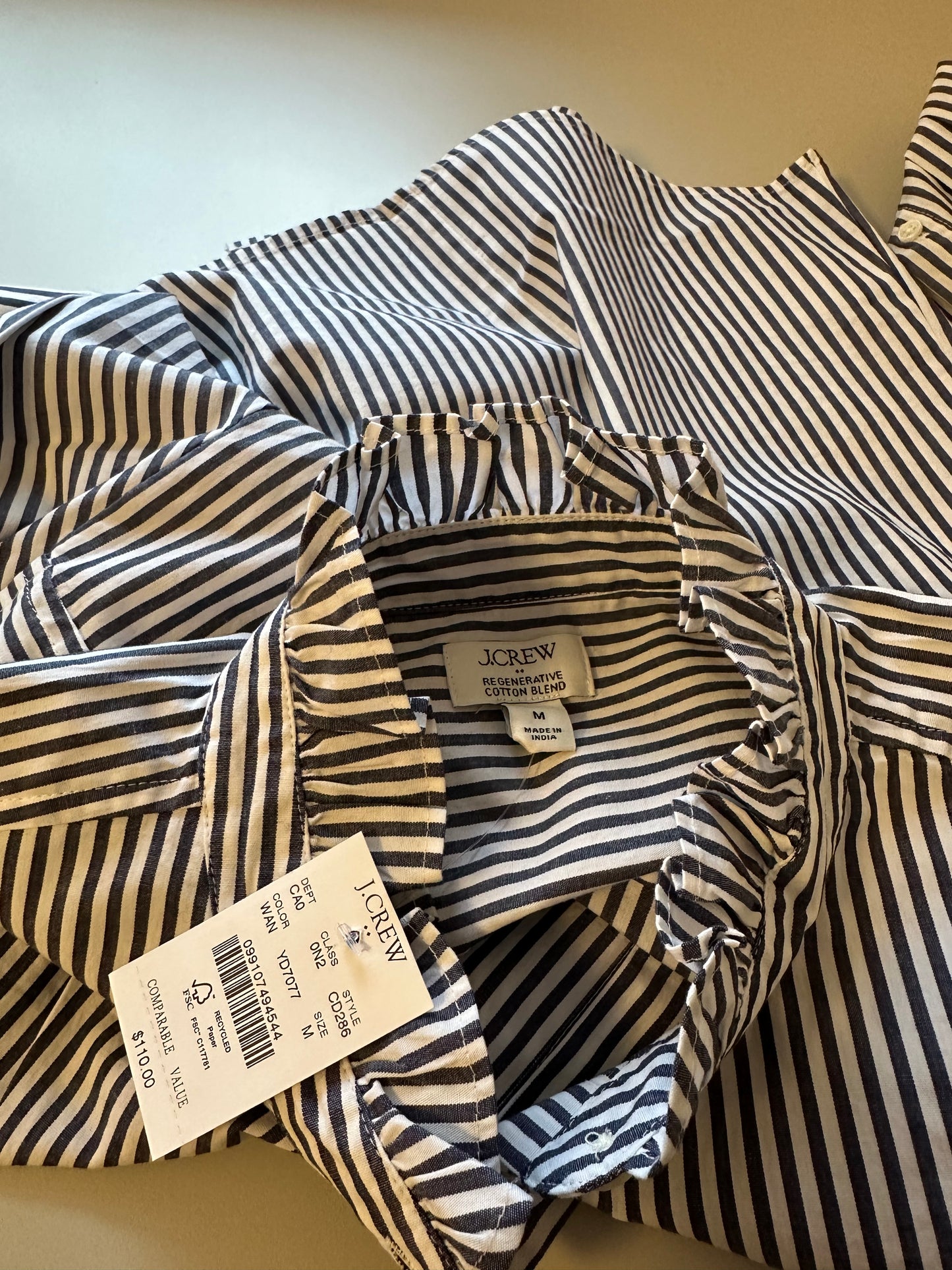 J. Crew NWT Ruffle Neck Button Down Blue and White Stripe Shirt | Size Medium