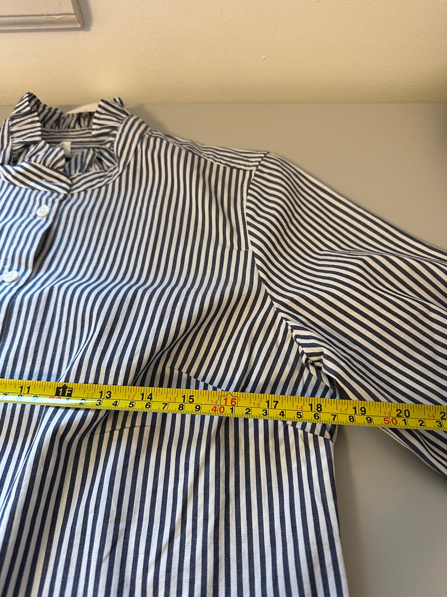J. Crew NWT Ruffle Neck Button Down Blue and White Stripe Shirt | Size Medium