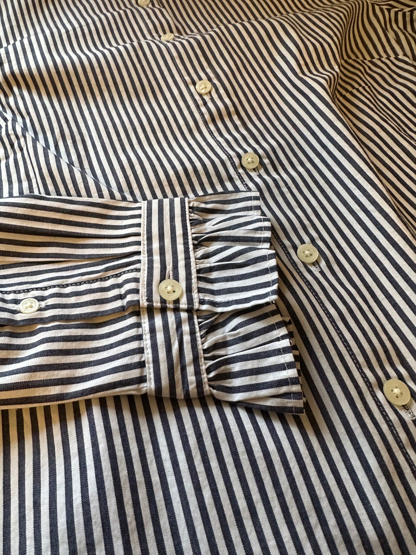 J. Crew NWT Ruffle Neck Button Down Blue and White Stripe Shirt | Size Medium