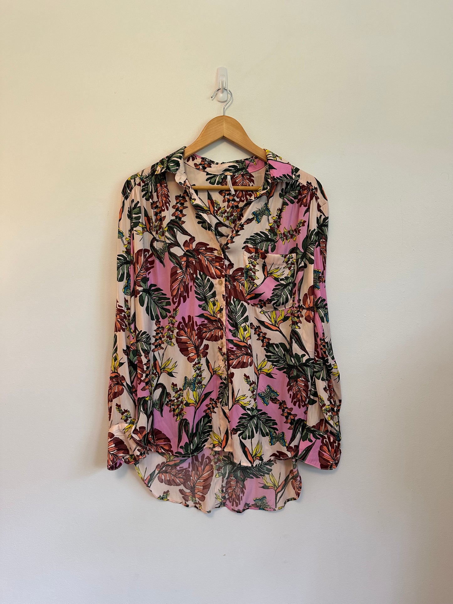 Free People Tropical Palm Butterfly Print Button Down Blouse | Size Small
