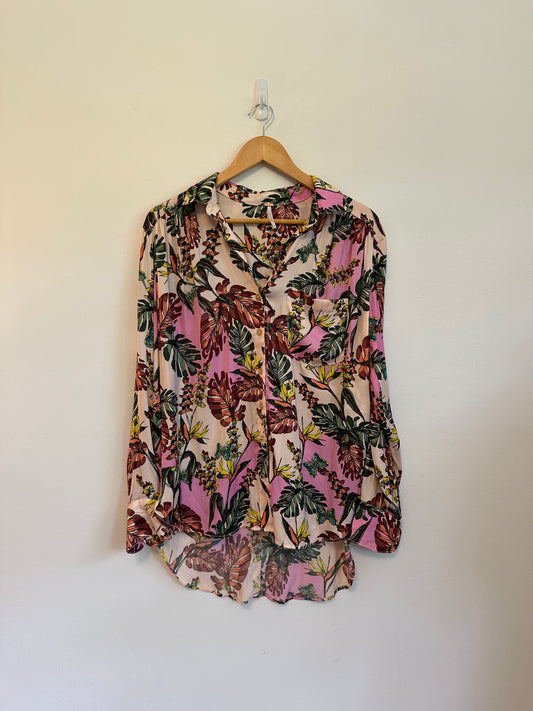 Free People Tropical Palm Butterfly Print Button Down Blouse | Size Small