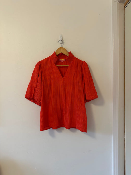 THML Lindsay Puff Sleeve Textured Top in Coral | Size Small
