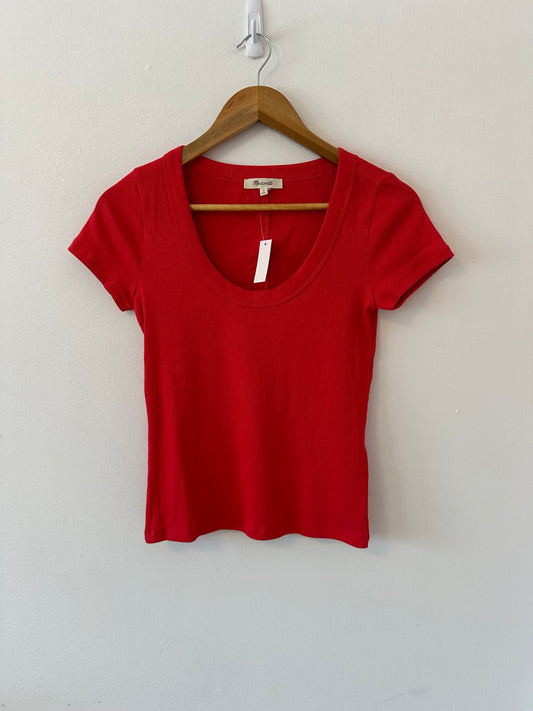 NWT Madewell Cotton Ribbed Scoopneck Tee in Red | Size Small