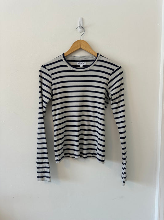 Argent Long Sleeve Ribbed Navy and Cream Striped T-Shirt | Size Medium