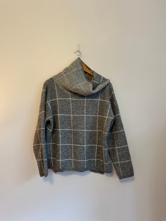 Lumiere Grey Windowpane Plaid Cowl Neck Relaxed Knit Sweater | Size Medium