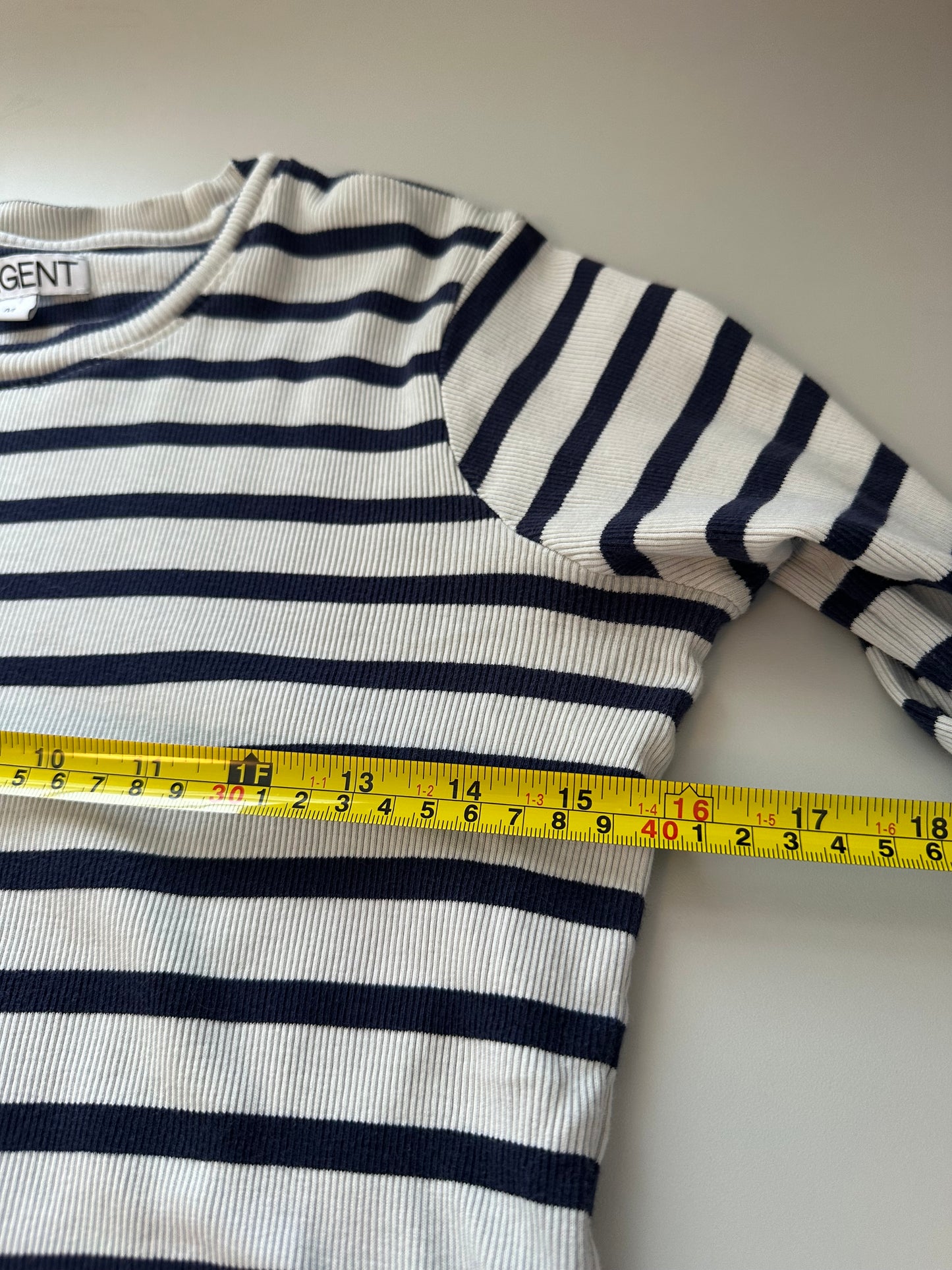 Argent Long Sleeve Ribbed Navy and Cream Striped T-Shirt | Size Medium