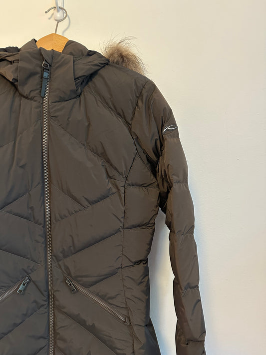 KJUS Dark Olive Green Chevron Quilted Down Fur Trim Hooded Parka | Size Medium