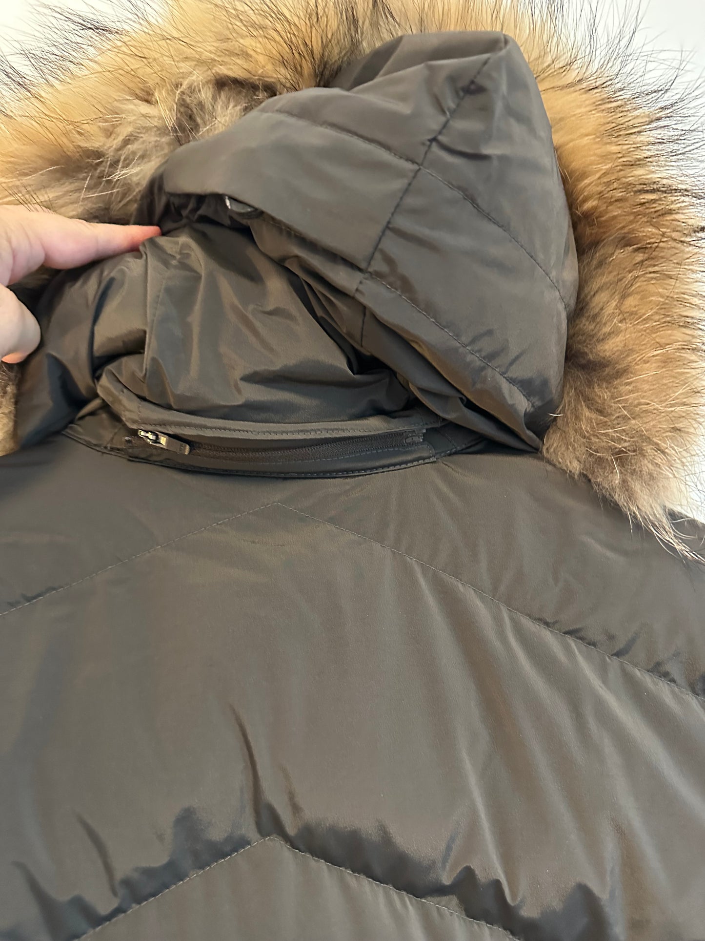 KJUS Dark Olive Green Chevron Quilted Down Fur Trim Hooded Parka | Size Medium