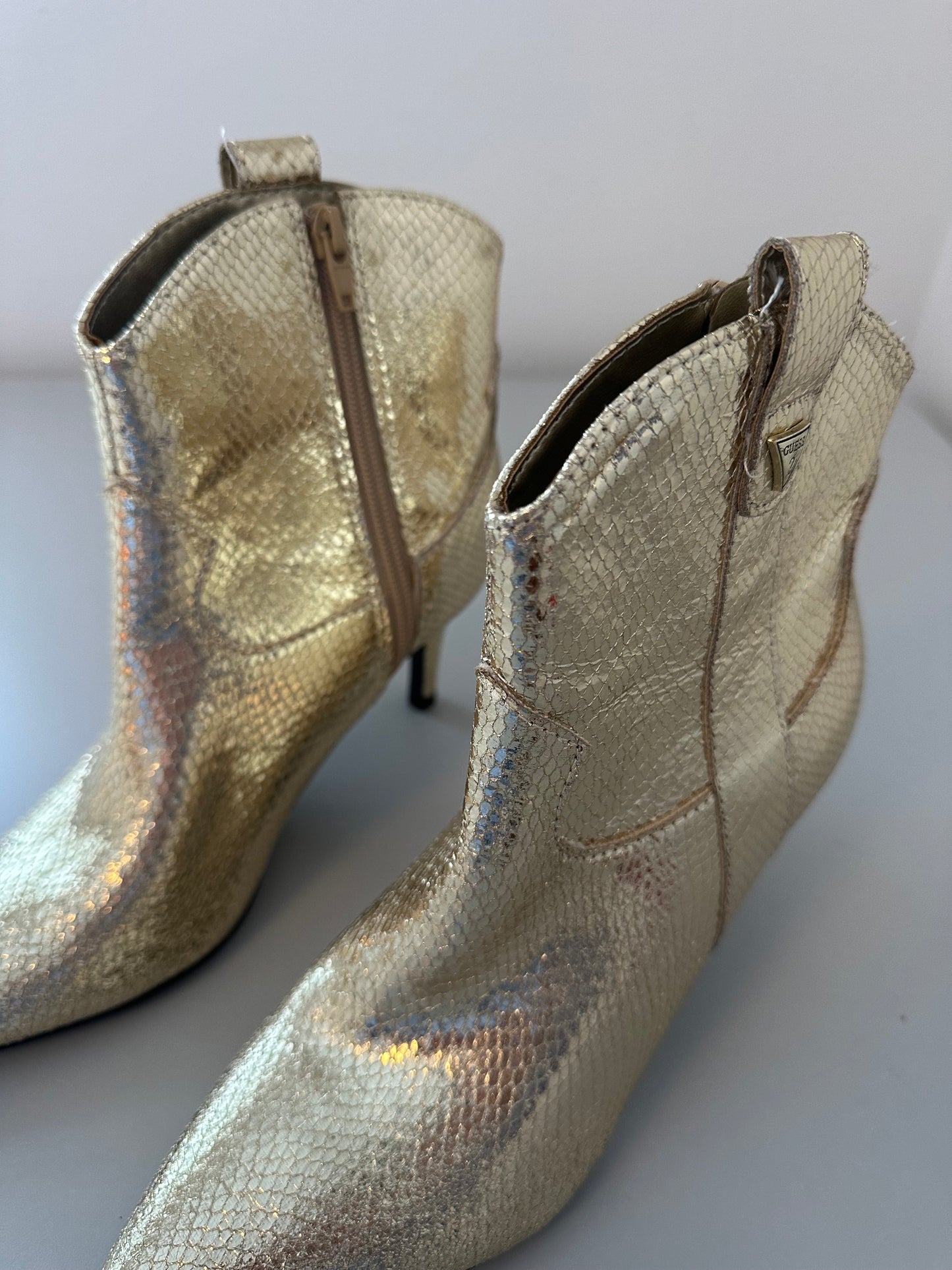 New Guess Gold Snakeskin Stiletto Ankle Booties | Size 6