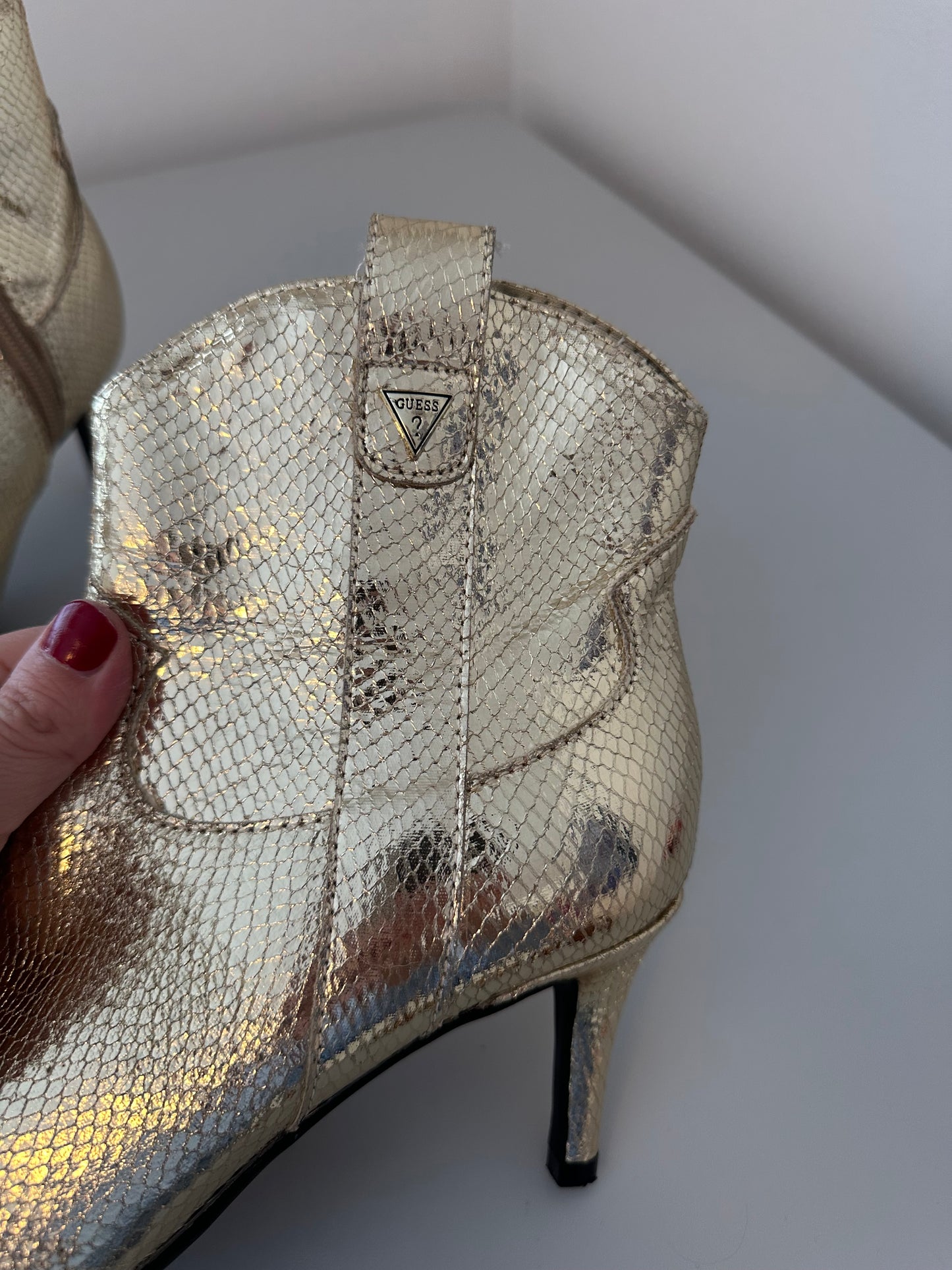 New Guess Gold Snakeskin Stiletto Ankle Booties | Size 6