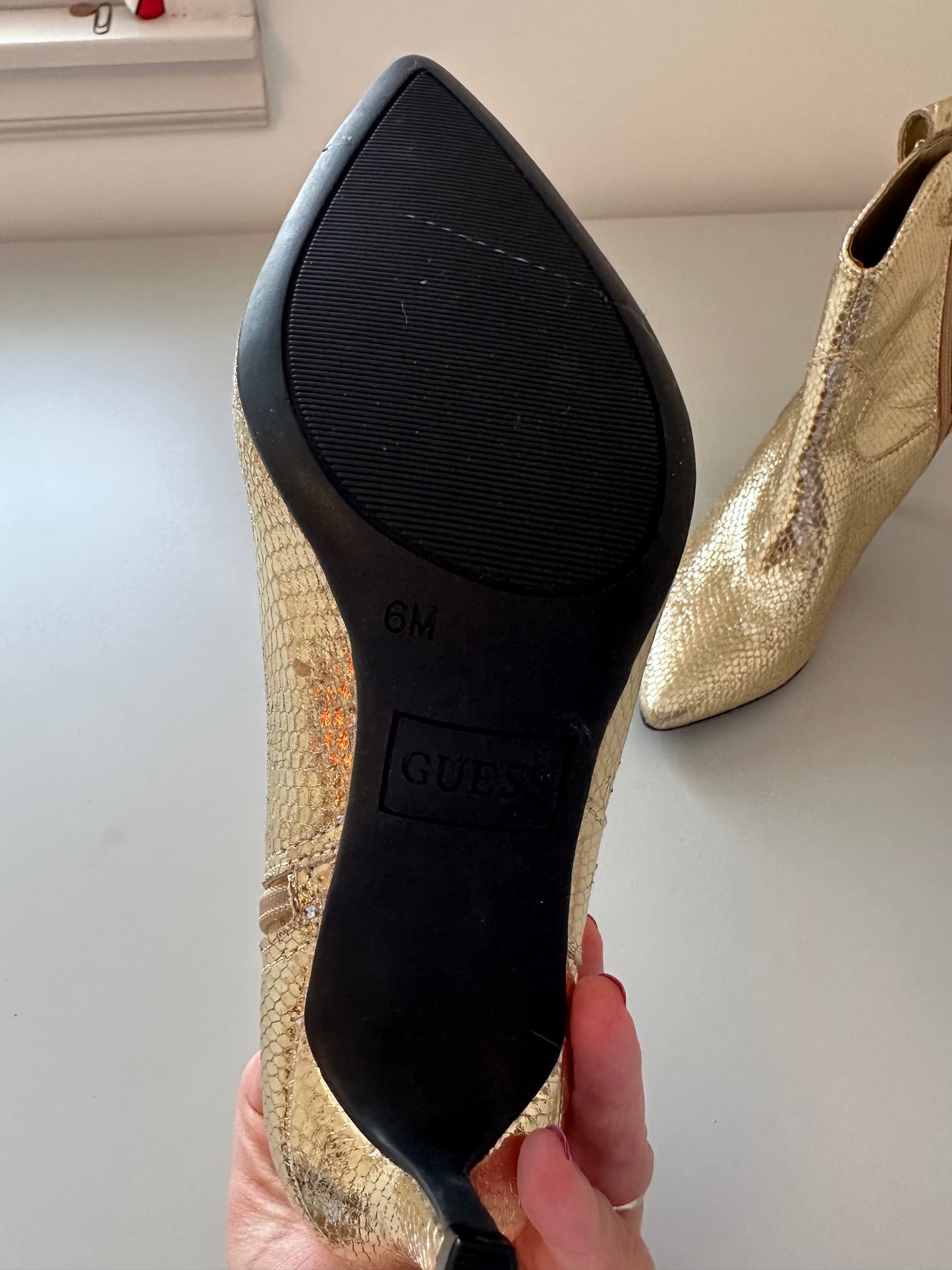 New Guess Gold Snakeskin Stiletto Ankle Booties | Size 6