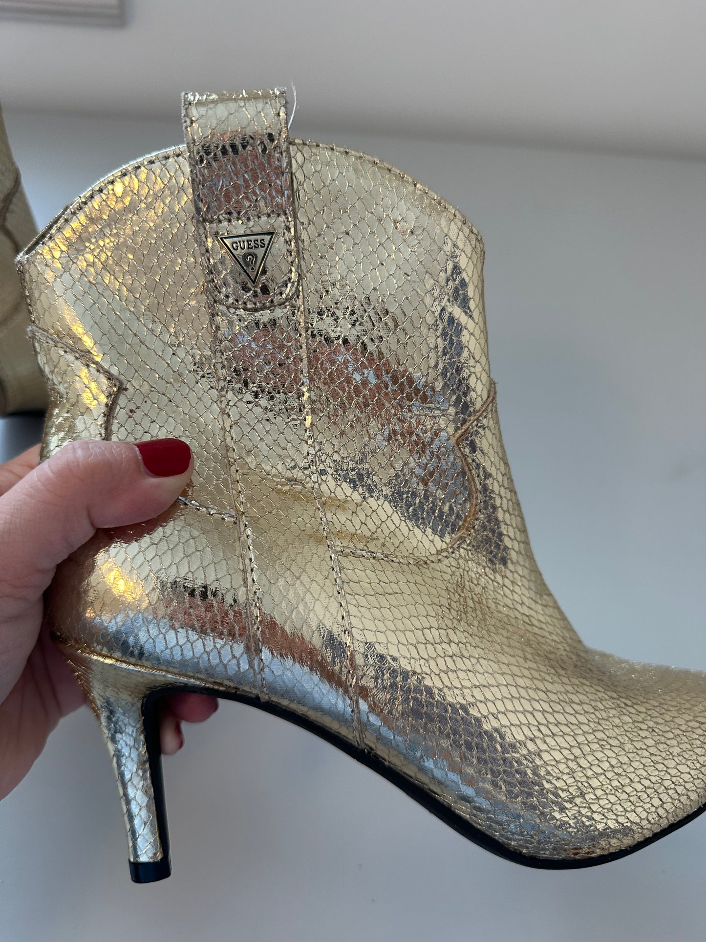 New Guess Gold Snakeskin Stiletto Ankle Booties | Size 6