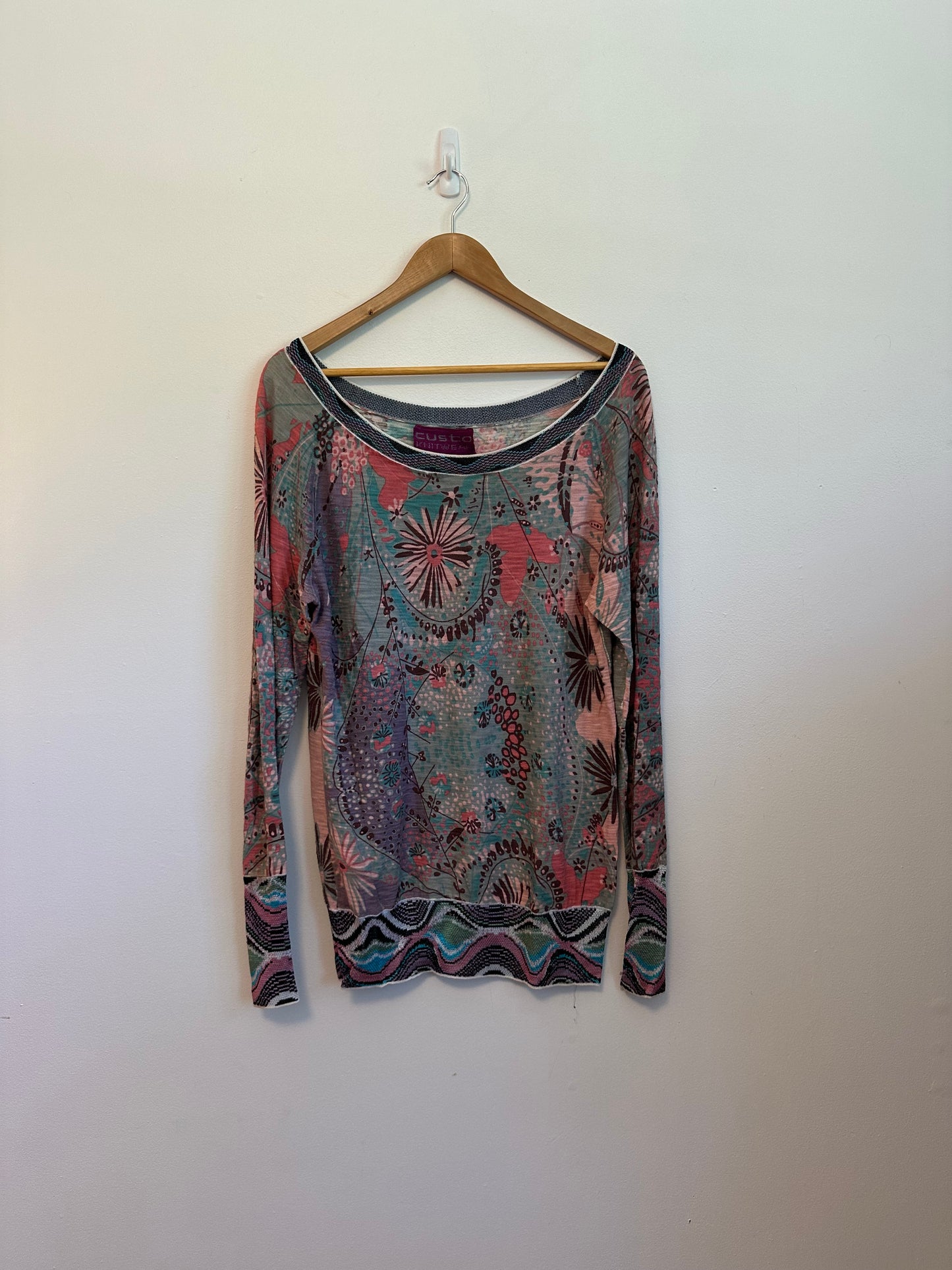 Custo Barcelona Floral Geometric Knit Top Long Sleeve Scoop Neck Top | Size Small