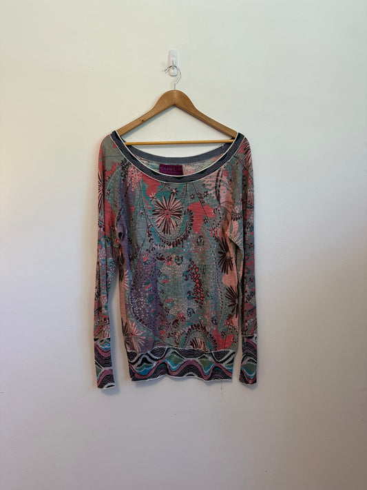 Custo Barcelona Floral Geometric Knit Top Long Sleeve Scoop Neck Top | Size Small