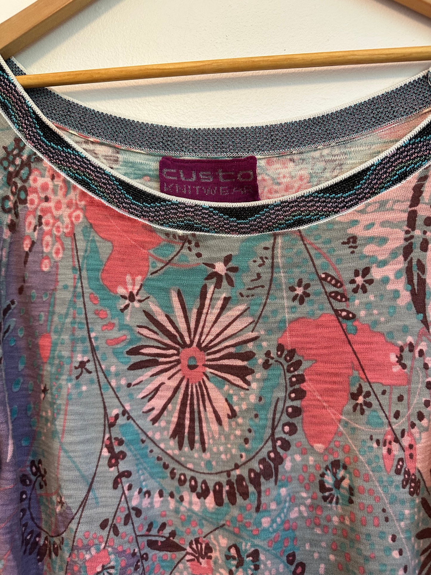 Custo Barcelona Floral Geometric Knit Top Long Sleeve Scoop Neck Top | Size Small