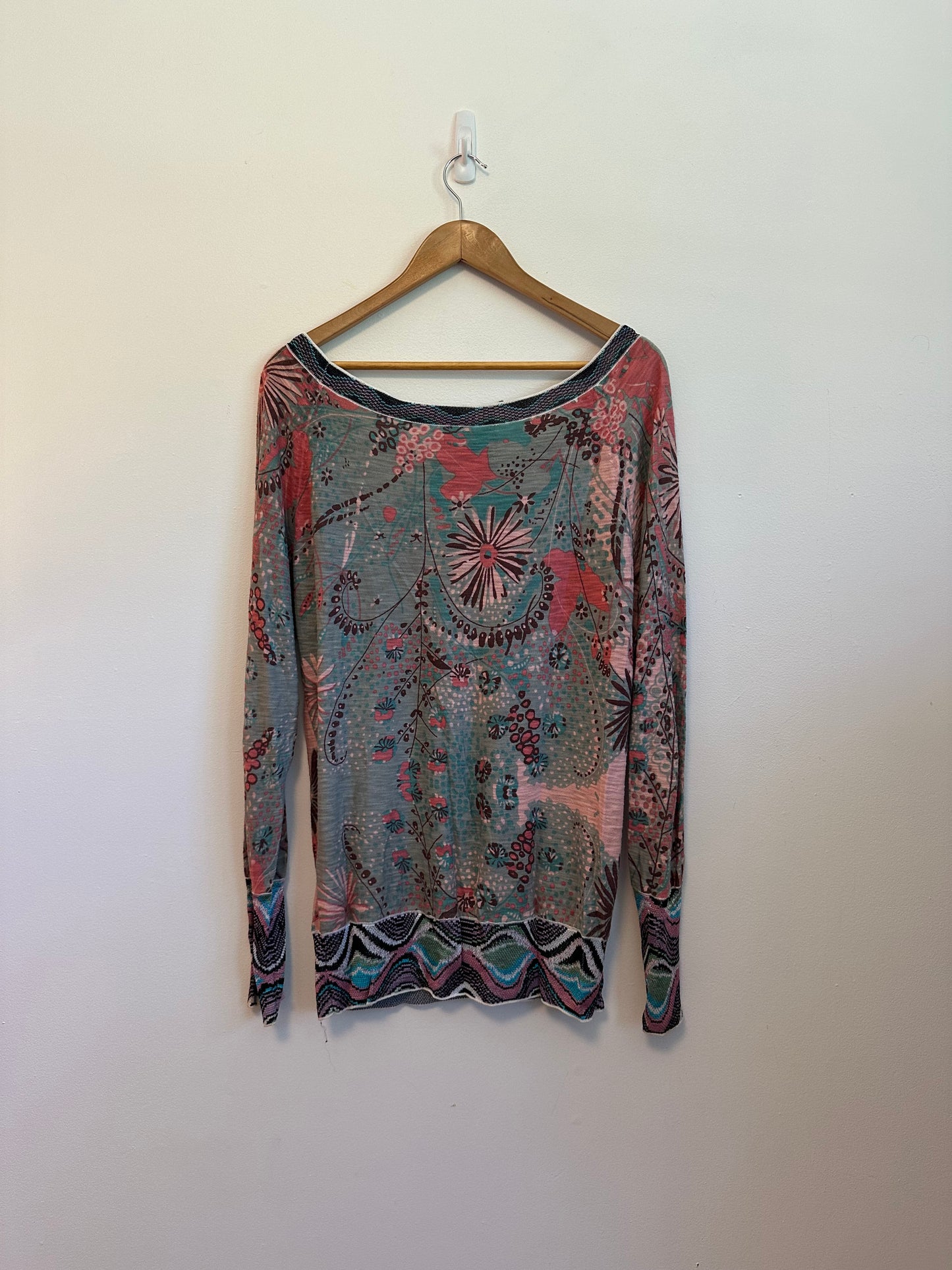 Custo Barcelona Floral Geometric Knit Top Long Sleeve Scoop Neck Top | Size Small