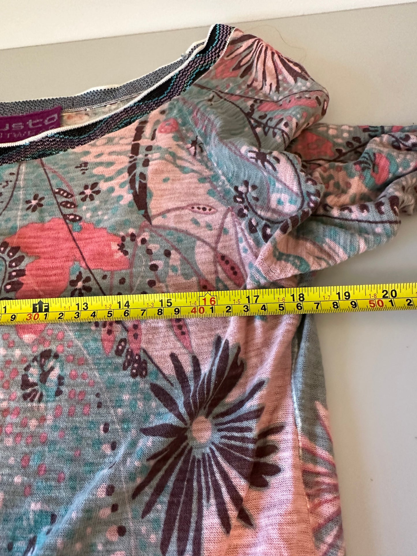 Custo Barcelona Floral Geometric Knit Top Long Sleeve Scoop Neck Top | Size Small